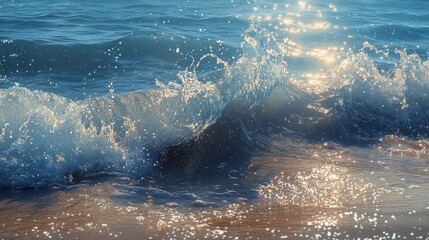 Obraz premium Ocean ripples roll towards the shore, blurring with the mist from a breaking wave. Glistening highlights scatter in the distance. 