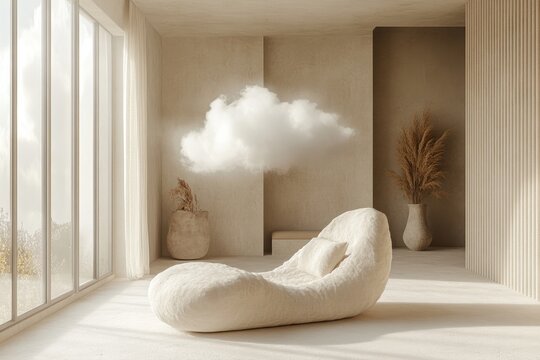 neutral interior design, the neutral minimalist decor provides a tranquil backdrop, as a soft cloud drifts through, embodying unrestricted imagination