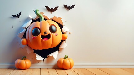 3D Halloween Pumpkin Breaking Through Wall - Festive Halloween Background