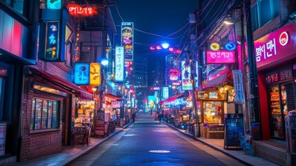 Seoul, South Korea - February 24, 2024: Seoul street with neon lights and night bars 