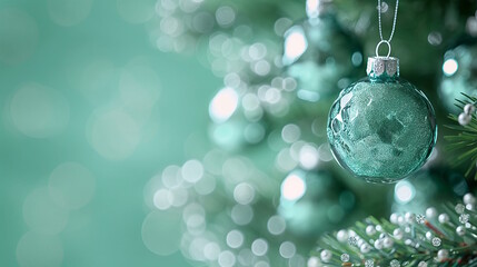 Mint Christmas ornament with a delicate teal glass ball hanging on a tree. The soft bokeh background creates a dreamy and festive atmosphere, perfect for holiday and winter-themed designs