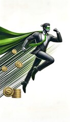 Businessman superhero with a green cape running and money symbols flying around