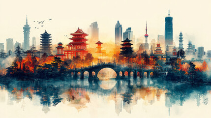 Mesmerizing panoramic cityscape blending modern and ancient china, with iconic landmarks reflected in the water