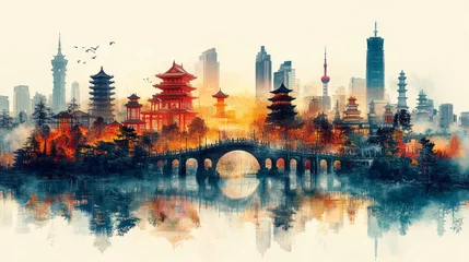 Fotobehang Aquarelschilderij wolkenkrabber Mesmerizing panoramic cityscape blending modern and ancient china, with iconic landmarks reflected in the water  © danielkosh
