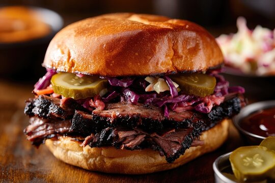 A smoked brisket sandwich served on a toasted bun with pickles and a side of coleslaw