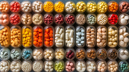 Numerous containers filled with vibrant pills, tablets, and capsules form an attractive visual arrangement