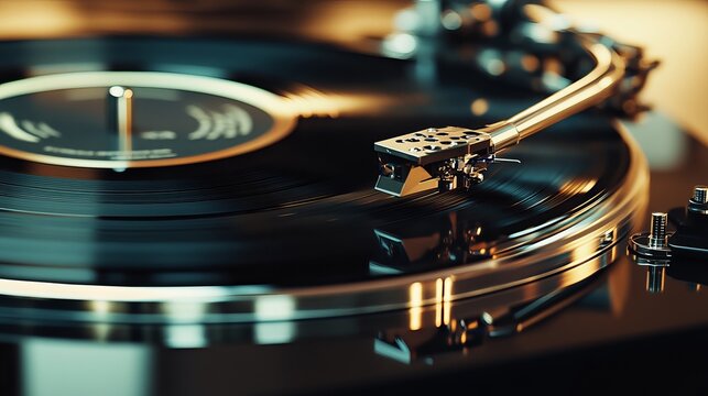 This image captures the intricate details of a record player, showcasing the turntable, tonearm, and cartridge. The sleek design and metallic accents add an element of sophistication