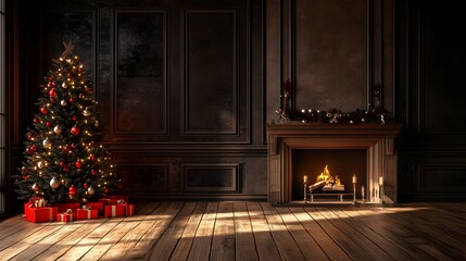 Holiday table with Christmas tree and fireplace with copy space