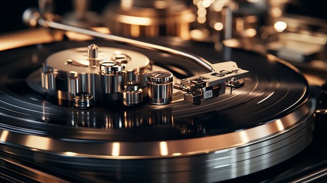This image captures the intricate details of a record player, showcasing the turntable, tonearm, and cartridge. The sleek design and metallic accents add an element of sophistication