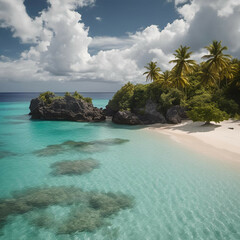 Cloudy weather on tropical beach with trees in Caribbean island