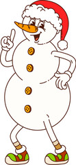 Cartoon groovy Christmas snowman character wearing Santa hat and vintage funky shoes, captured in a playful pointing pose. Isolated vector cheerful personage spread holiday greetings and festive vibes