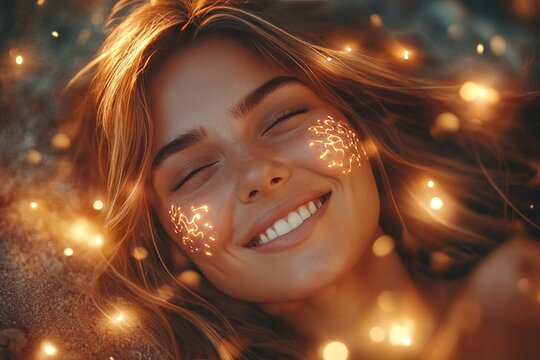 Brainwave coupling Skull Woman smiling with glowing facial patterns symbolizing happiness inner light and the connection between mind and emotion in a magical setting