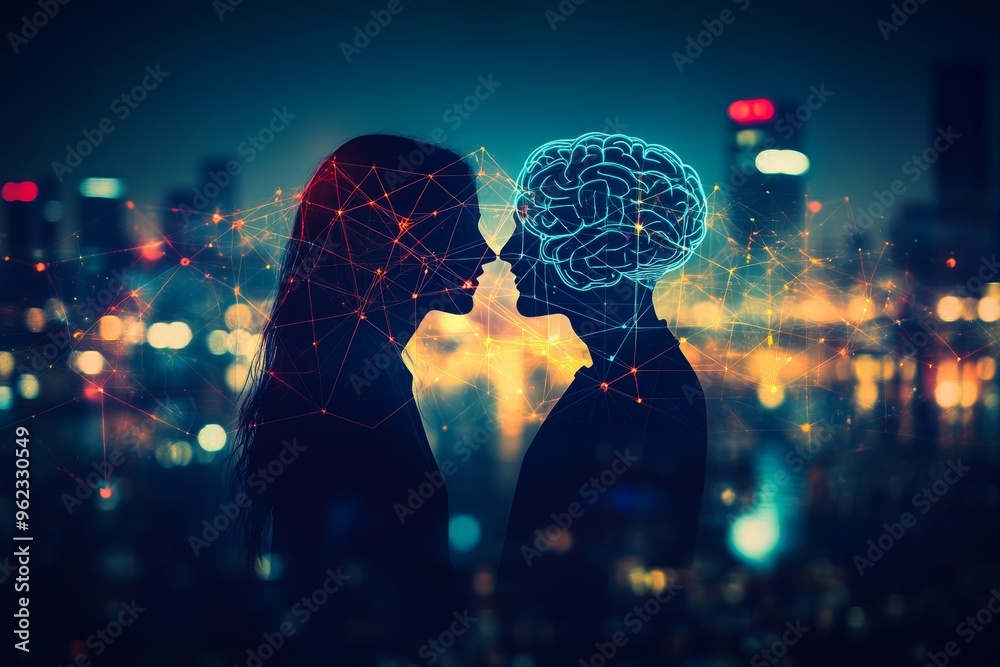 Canvas Prints nonverbal communication skull silhouettes of a couple kissing with illuminated brains portraying the