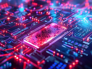 Obraz premium Concept Protect personal data. Security system with fingerprint on cyber technology neon background.