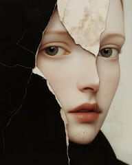 Medieval eternal beauty concept. Creative collage of the beautiful young woman using mix of different techniques. Close up portrait. Avant-garde postcard, poster style