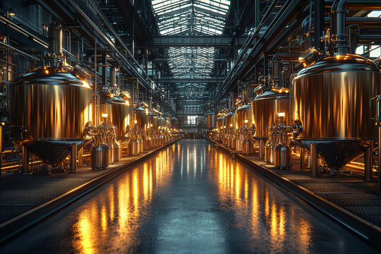 A brewery with large fermentation tanks and bottling equipment, showcasing the industrial production of beer. Concept of brewing industry and beverage manufacturing.