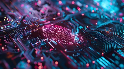 Concept Protect personal data. Security system with fingerprint on cyber technology neon background.