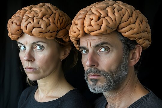 Interpersonal neural dynamic Skull A couple with brains shaped like real brains highlighting the literal interpretation of head over heels and the connection of minds in a fun surreal way
