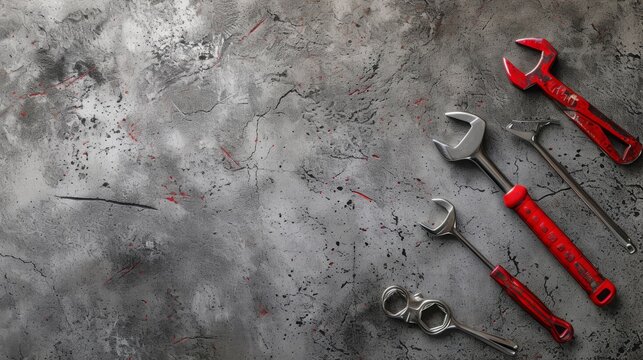 A top view of various wrenches and tools arranged on a rough, textured concrete surface. The vibrant red and silver tools stand out against the gray, industrial background, ideal for themes related to