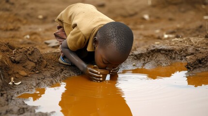 Image of a child drinking unsafe water from a contaminated puddle, highlighting the critical issue of access to clean water in impoverished regions. The scene underscores the urgent need for clean