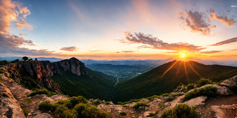 Mountain Range Bathed in Golden Sunset Light