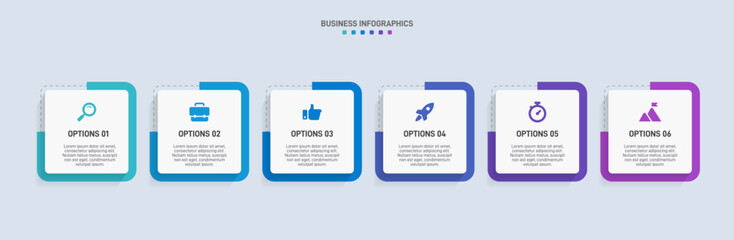 Horizontal progress bar featuring 6 arrow-shaped elements, symbolizing the six stages of business strategy and progression. Clean timeline infographic design template. Vector for presentation