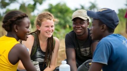 Fototapeta premium A diverse group of young friends, including different ethnic backgrounds, enjoy each other's company outdoors, smiling and engaged in conversation. The scene reflects friendship, togetherness, and