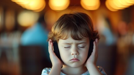 A young child with closed eyes covers their ears in a busy indoor setting, overwhelmed by the noise. The warm lighting and blurred background suggest a public space like a restaurant or event