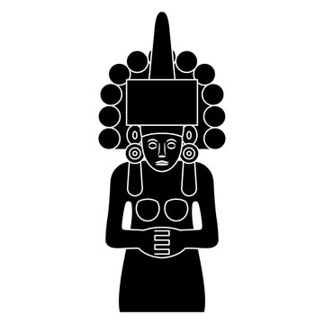 Huastecan or Totonac goddess of maize Centeocihuatl. Pre-Columbian Native American ethnic art from Mexico. Black and white silhouette.