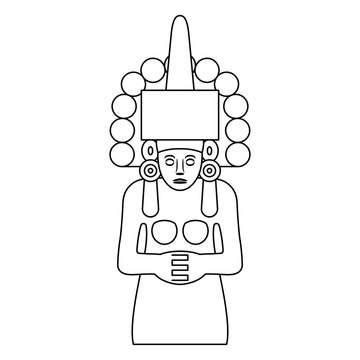Huastecan or Totonac goddess of maize Centeocihuatl. Pre-Columbian Native American ethnic art from El Zapotan, Veracruz, Mexico. Black and white linear silhouette.
