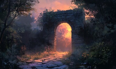 Stone Archway Leading Through a Forest at Dusk