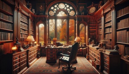 Fototapeta premium Elegant Study Room with Wooden Desk, Bookshelves, and Armchair in a Cozy Home Library Setting, Bright Lighting, Classic Decor, and a Serene Atmosphere