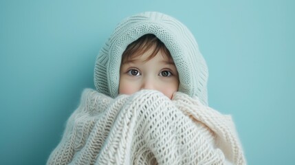 A charming child peeks out from a knitted blanket, capturing a moment of warmth and innocence. The soft textures and pastel hues evoke a sense of cozy winter comfort, perfect for seasonal designs.