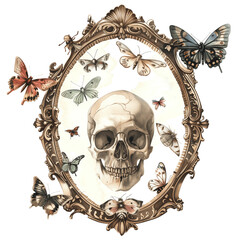 Ornate antique mirror reflecting a skull surrounded by delicate moths and butterflies