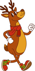 Cartoon groovy Christmas deer character dressed in a red scarf and colorful sneakers. Isolated vector reindeer personage ready for festive Xmas season celebration. Cheerful and funky holiday animal © Vector Tradition