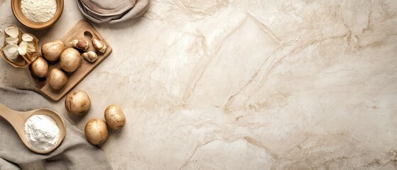 Ingredients for a mushroom dish arranged on a countertop