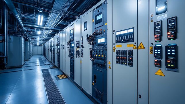 Switchgear System A switchgear system inside an industrial plant, consisting of multiple breaker panels, switches, and power meters for controlling electricity distribution. The room is organized with