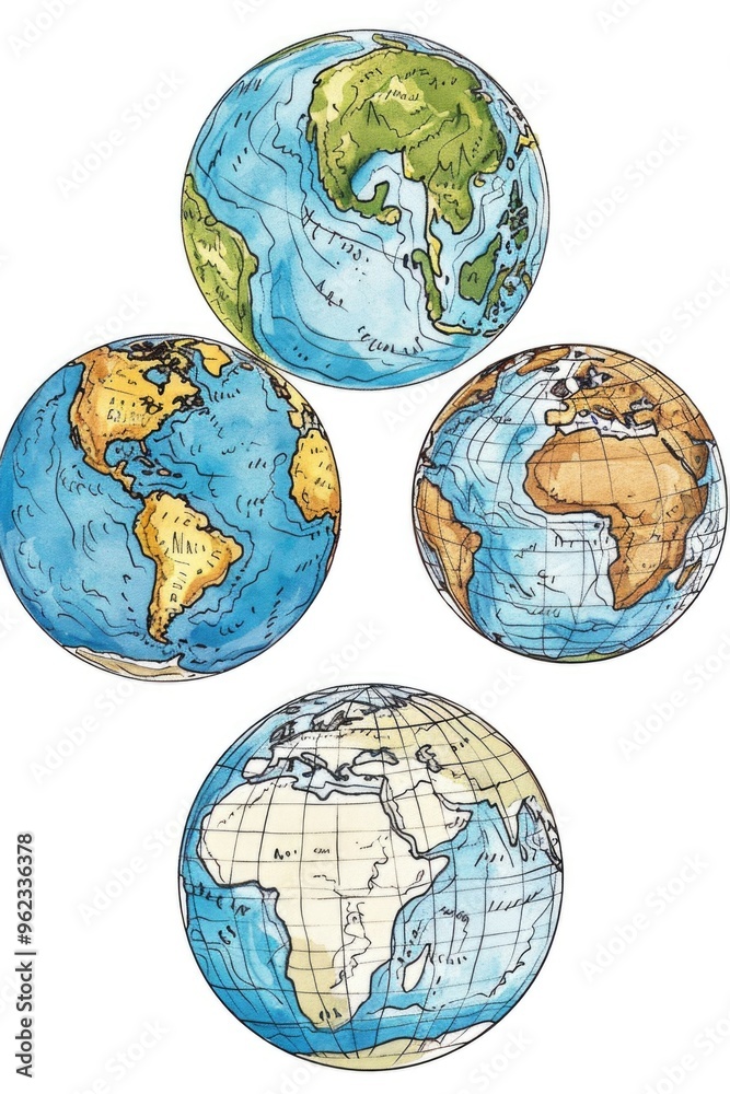 Aufkleber Three globe-shaped objects featuring a map of the world