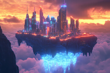 Naklejka premium Futuristic floating city illuminated by neon lights hovering above a glowing crystal sea, with towering skyscrapers and vibrant sunset sky, blending sci-fi and fantasy in a surreal landscape 