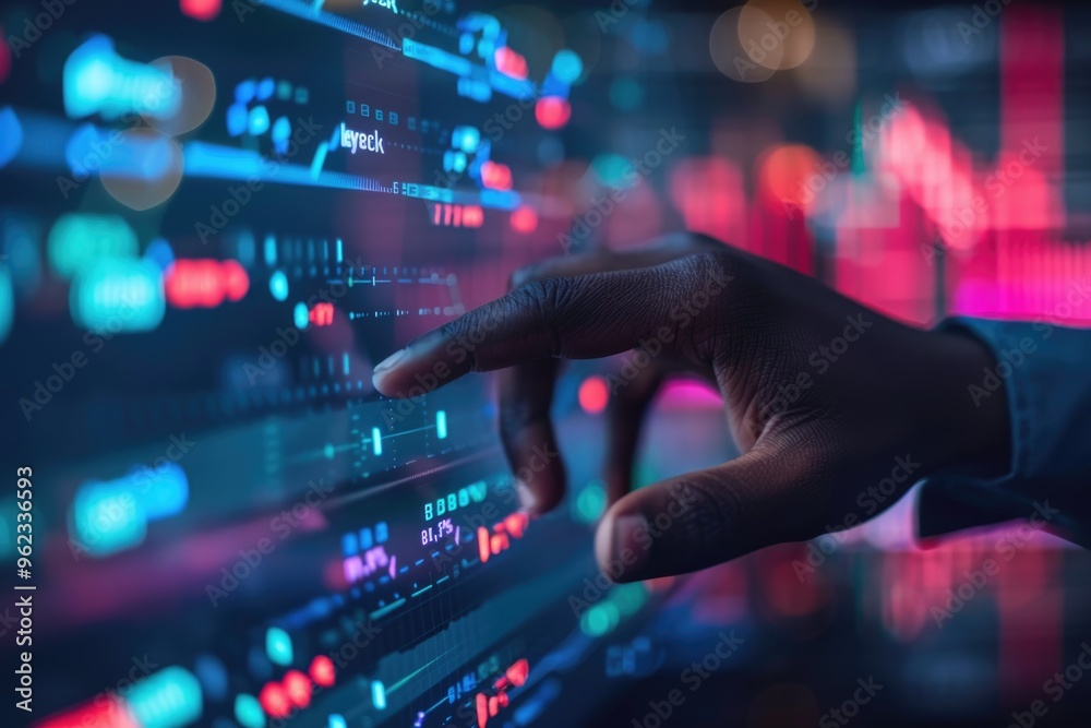 Poster A person's hand touches a computer screen with a modern device in the background