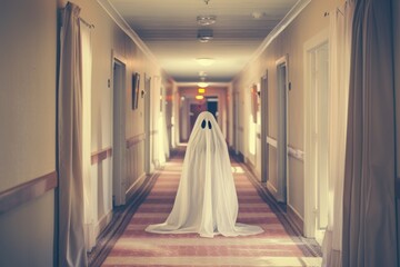 A ghostly figure stands in a dimly lit hotel hallway, creating an eerie atmosphere