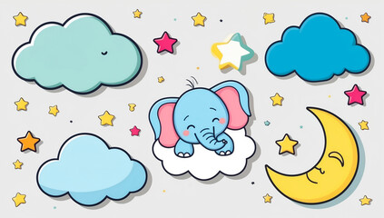 Little cartoon elephant sleeping on a cloud, flat design illustration