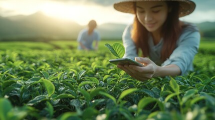Trader checking quality of tea leaves in Farmer hand in green tea plantation before trading with farmers, Tea trader evaluating fresh tea leaves with farmer before making trade.