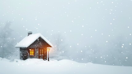 Fototapeta premium A small log cabin with glowing windows stands amidst a serene, snowy landscape. Gentle snowfall creates a peaceful, wintery atmosphere, making this image perfect for holiday greetings, winter retreats