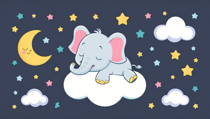 Little cartoon elephant sleeping on a cloud, flat design illustration