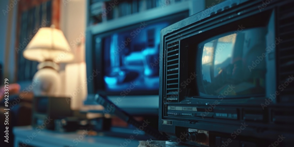 Poster a television sits on a table beside a lamp, ready for use