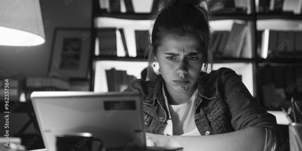 Poster a person sits in front of a laptop with a focused expression, ideal for illustrations about remote w