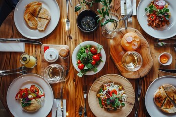 A wooden table set with plates of various foods