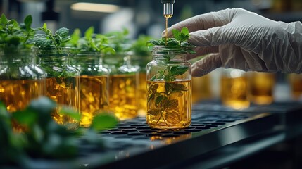 food quality inspection laboratory checking the content of herbal tea. Green tea leaves in lab beakers clear podium for showcasing items with green tea.