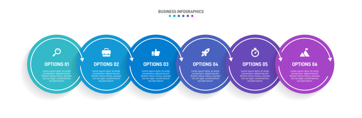 Horizontal progress bar featuring 6 arrow-shaped elements, symbolizing the six stages of business strategy and progression. Clean timeline infographic design template. Vector for presentation